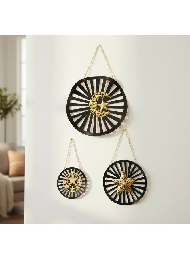 3-Piece Ramadan Metal Wall Decor Set - Black & Gold - Crescent & Stars Design with Hanging Chains - Image 5